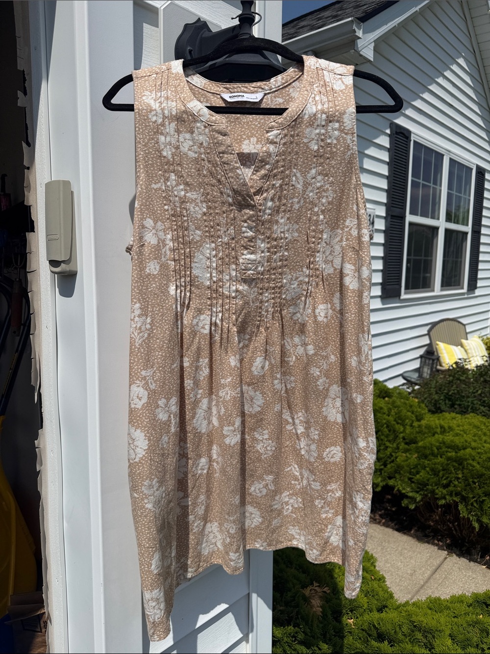 Sonoma Beige Floral Pintuck Sleeveless Dress